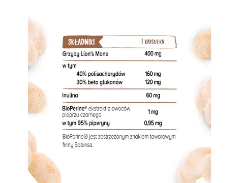 Lion’s Mane (Soplówka jeżowata) 400 mg - 40% polisacharydów, 30% beta-glukanów - 90 kapsułek - 3