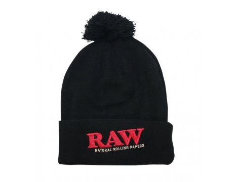 Raw Pom Pom Winter Knit Hat Black - czarna zimowa czapka